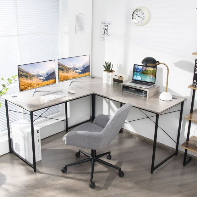 L-Form Schreibtisch Eckschreibtisch mit Monitorständer & 3 Kabellöchern Computertisch hellgrau