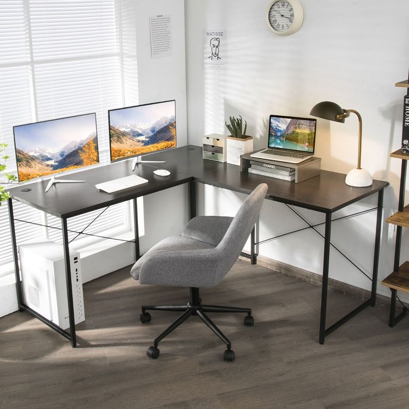 L-Form Schreibtisch Eckschreibtisch mit Monitorständer & 3 Kabellöchern Computertisch braun