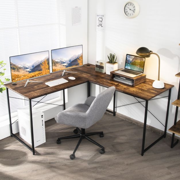 L-Form Schreibtisch Eckschreibtisch mit Monitorständer & 3 Kabellöchern Computertisch rustikalbraun