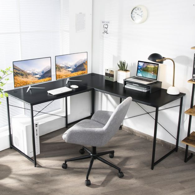 L-Form Schreibtisch Eckschreibtisch mit Monitorständer & 3 Kabellöchern Computertisch schwarz