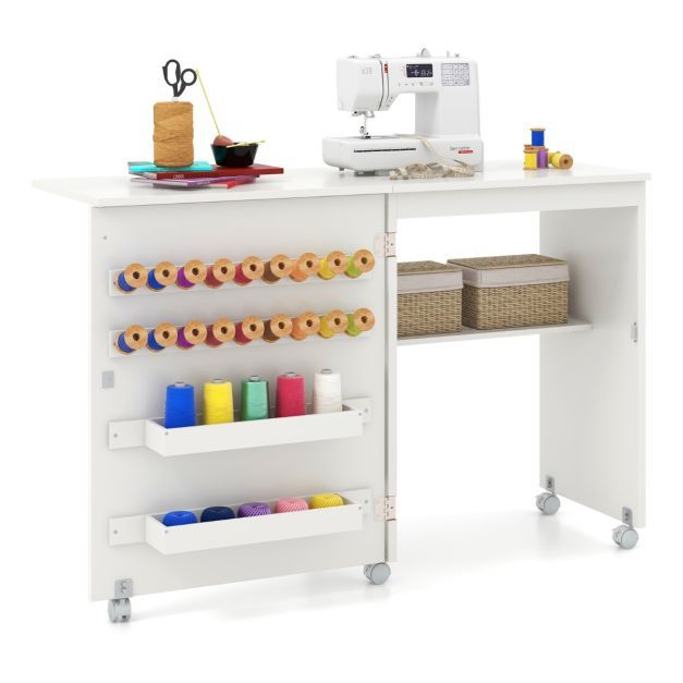 2 in 1 Nähschrank &amp; Schreibtisch klappbar Nähtisch Mehrzweck-Bastelstation mit Ablagefläche Weiss