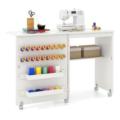 2 in 1 Nähschrank &amp; Schreibtisch klappbar Nähtisch Mehrzweck-Bastelstation mit Ablagefläche Weiss