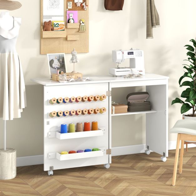 2 in 1 Nähschrank & Schreibtisch klappbar Nähtisch Mehrzweck-Bastelstation mit Ablagefläche Weiss