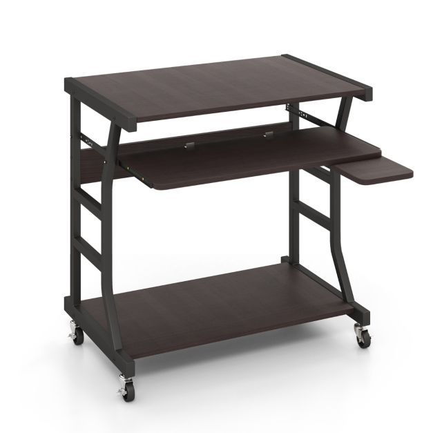 Computertisch mit Rollen &amp; Ausziehbarer Tastaturablage &amp; Mausablage PC-Tisch Braun