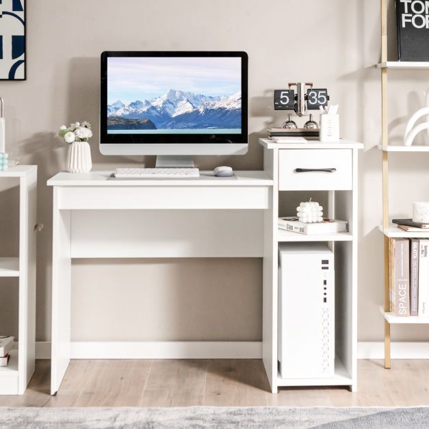 Schreibtisch mit Schublade & offenen Regalen Computertisch aus Holz 102 x 50 x 82 cm Weiss