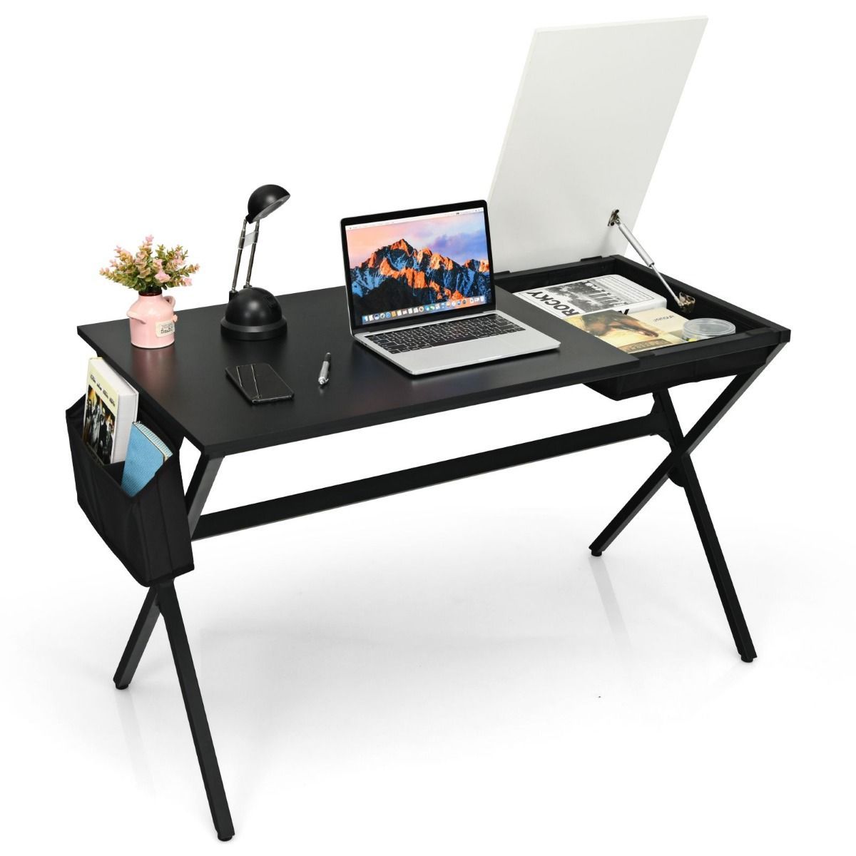 120 cm langer Schreibtisch mit Stauraum &amp; Seitentasche Computertisch Schwarz+ Weiss