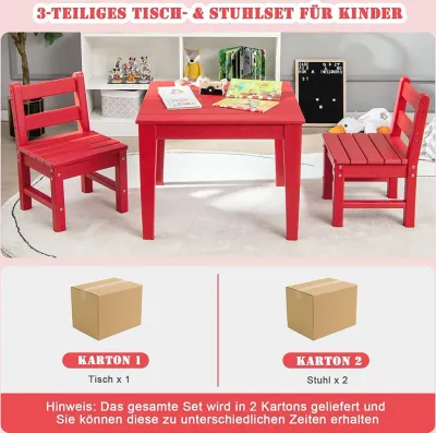 3 tlg. Kinder Tisch- & Stuhlset Holz Spieltisch Set mit 2 Stühlen zum Malen & Lesen Kindermöbelset rot