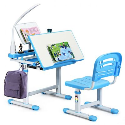 Kinderschreibtisch Neigungsverstellbar Schülerschreibtisch mit Lampe und Stuhl blau