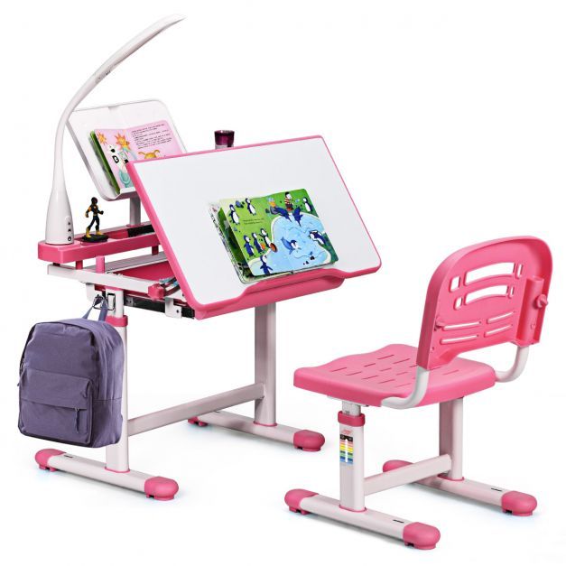 Kinderschreibtisch Neigungsverstellbar Schülerschreibtisch mit Lampe und Stuhl rosa