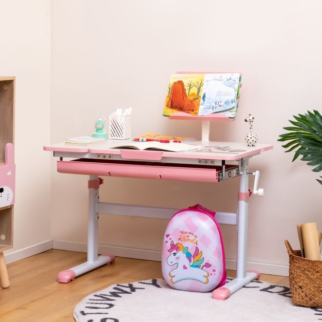 Höhenverstellbarer Kinderschreibtisch mit Neigbarer Tischplatte &amp; Bücherständer rosa
