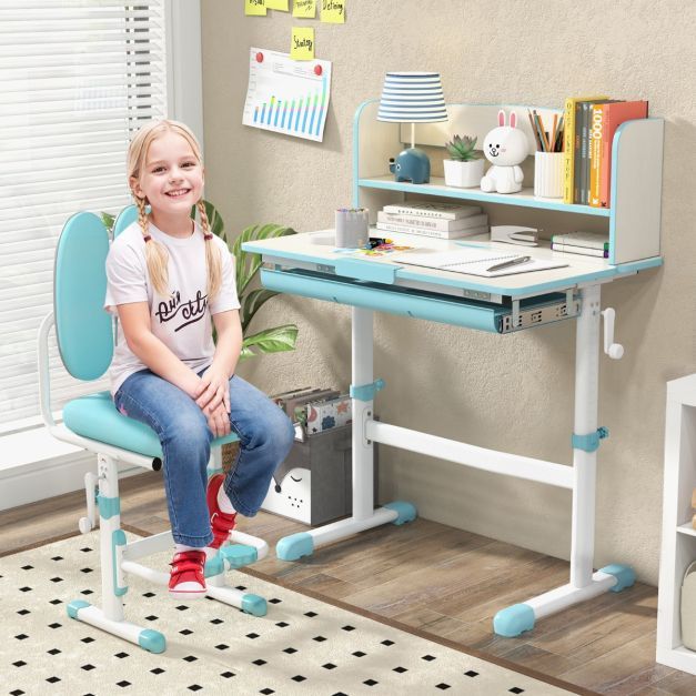 Höhenverstellbarer Schreibtisch mit Neigbarer Tischplatte &amp; Schublade &amp; Regal Kinder Studiertisch blau