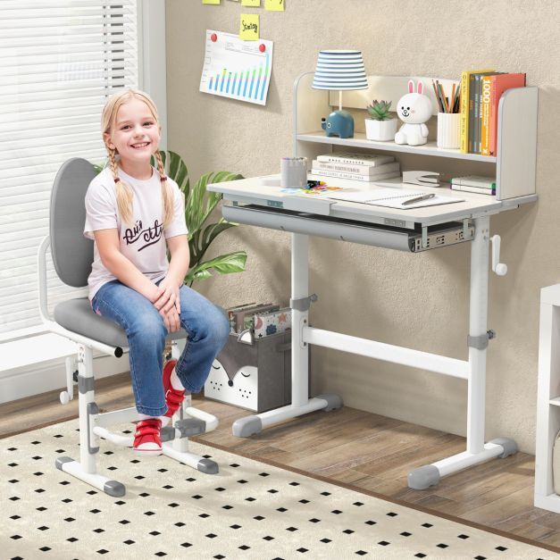 Höhenverstellbarer Schreibtisch mit Neigbarer Tischplatte &amp; Schublade &amp; Regal Kinder Studiertisch grau