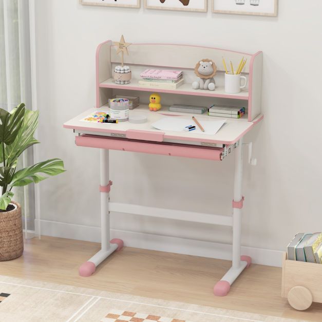 Höhenverstellbarer Schreibtisch mit Neigbarer Tischplatte &amp; Schublade &amp; Regal Kinder Studiertisch rosa