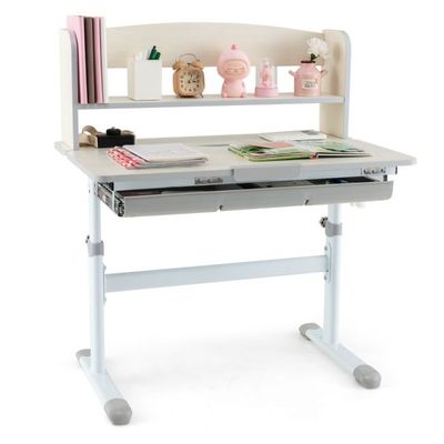 Höhenverstellbarer Schreibtisch mit Neigbarer Tischplatte &amp; Schublade &amp; Regal Kinder Studiertisch grau