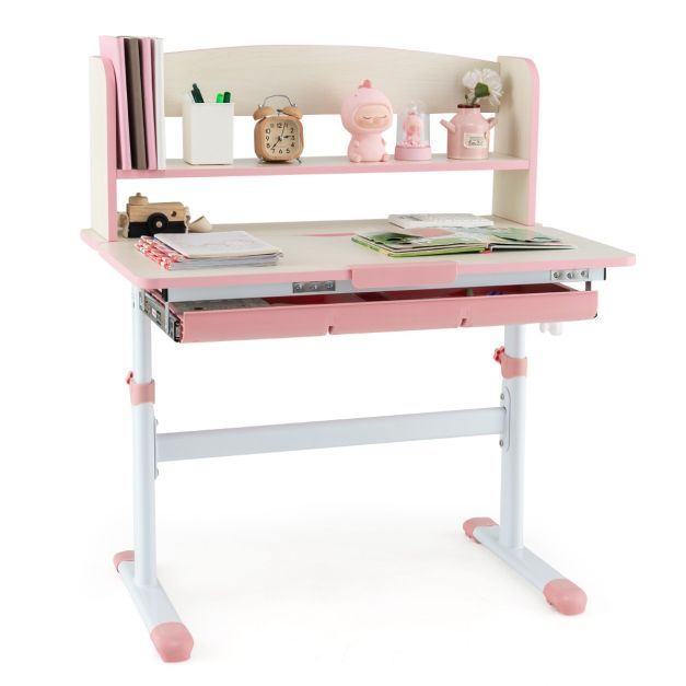 Höhenverstellbarer Schreibtisch mit Neigbarer Tischplatte &amp; Schublade &amp; Regal Kinder Studiertisch rosa