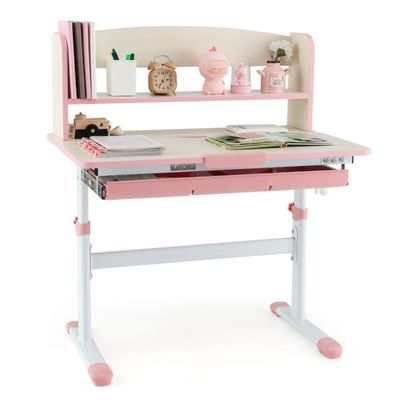 Höhenverstellbarer Schreibtisch mit Neigbarer Tischplatte &amp; Schublade &amp; Regal Kinder Studiertisch rosa