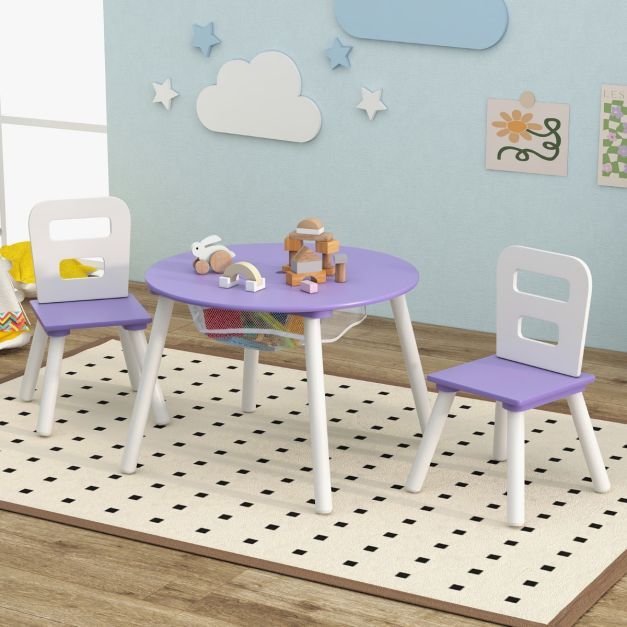 Kindertisch mit 2 Stühlen 3 TLG. Kindersitzgruppe aus Holz Kindersitzgarnitur mit Abnehmbarem Tischdeckel lila