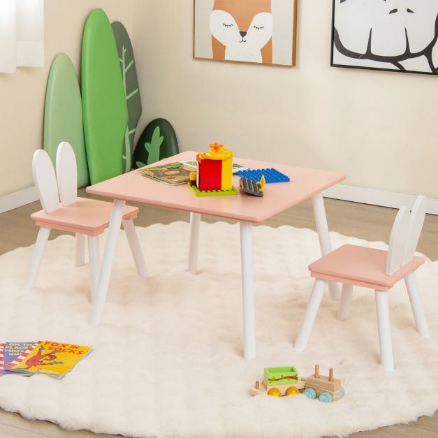 Kindertisch mit 2 Stühlen 3 TLG. Kindersitzgruppe mit Massivholzbeine rosa