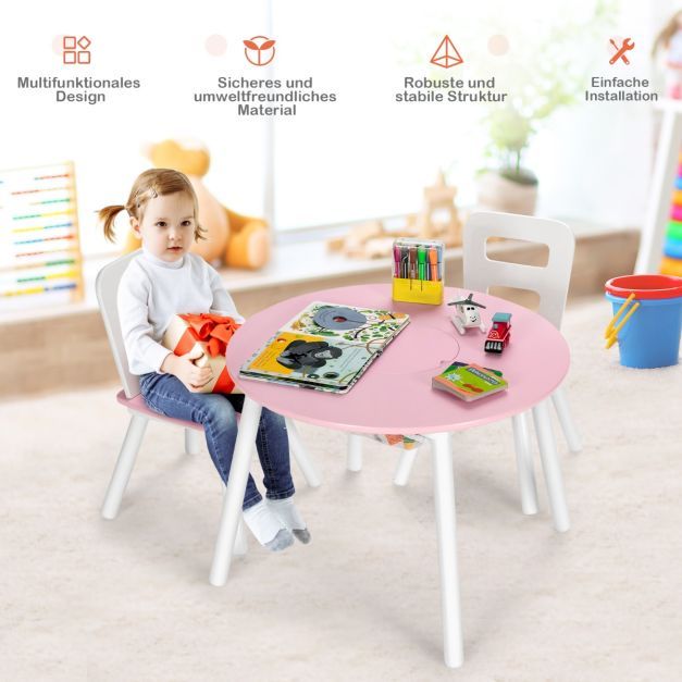 Kindertisch mit 2 Stühlen 3 TLG. Kindersitzgruppe aus Holz Kindersitzgarnitur mit Abnehmbarem Tischdeckel pink