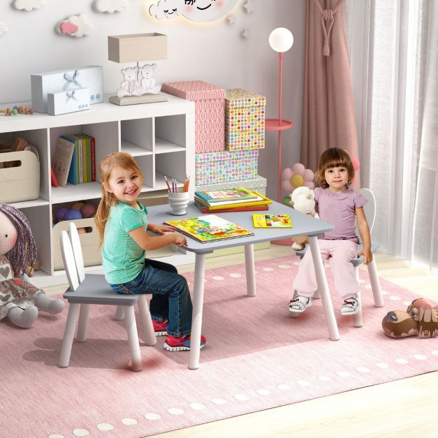 Kindertisch mit 2 Stühlen 3 TLG. Kindersitzgruppe mit Massivholzbeine grau