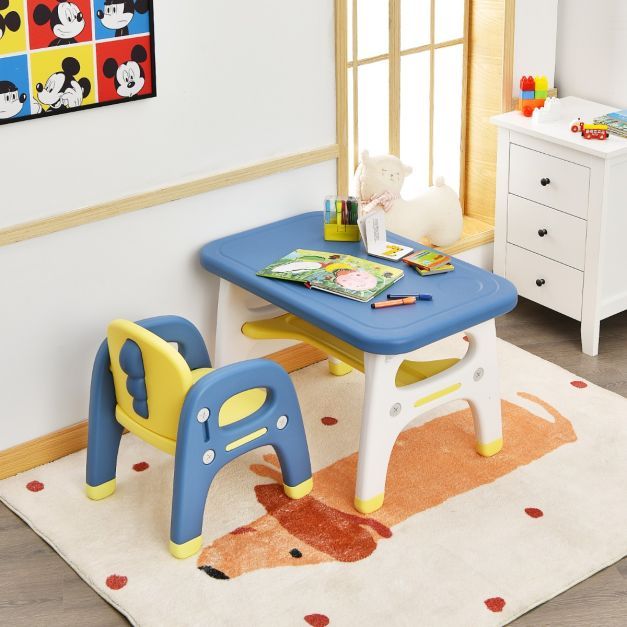 Kindertisch mit Stuhl und Bauklötzen &amp; Ablage Kinder Tisch Stuhl Set Blau