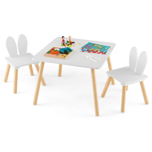 Kindertisch mit 2 Stühlen 3 TLG. Kindersitzgruppe mit Massivholzbeinen weiss