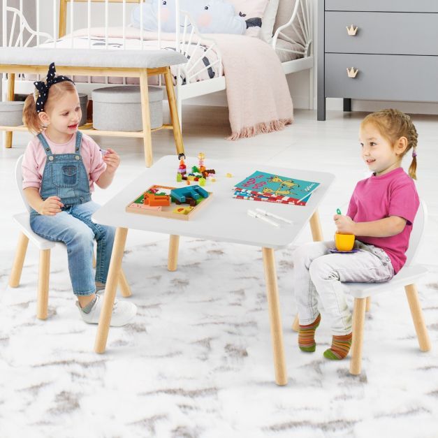 Kindertisch mit 2 Stühlen 3 TLG. Kindersitzgruppe mit Massivholzbeinen weiss