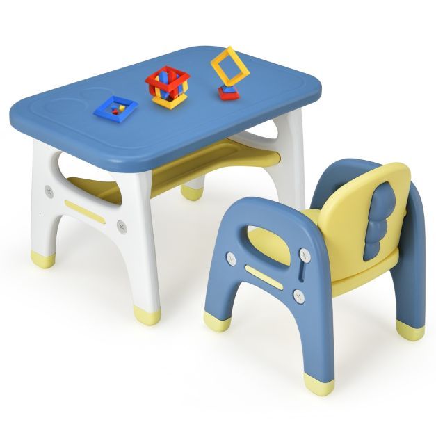 Kindertisch mit Stuhl und Bauklötzen &amp; Ablage Kinder Tisch Stuhl Set Blau