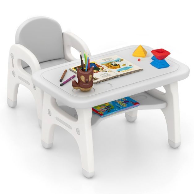 Kindertisch mit Stuhl und Bauklötzen &amp; Ablage Kinder Tisch Stuhl Set grau