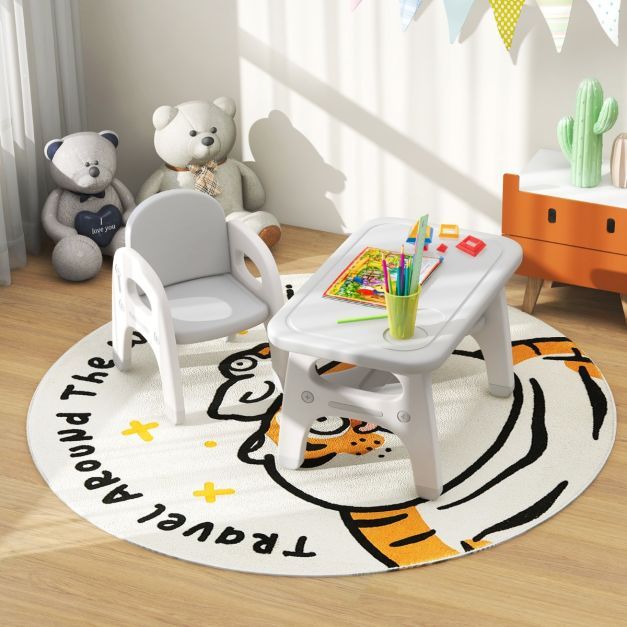 Kindertisch mit Stuhl und Bauklötzen &amp; Ablage Kinder Tisch Stuhl Set grau