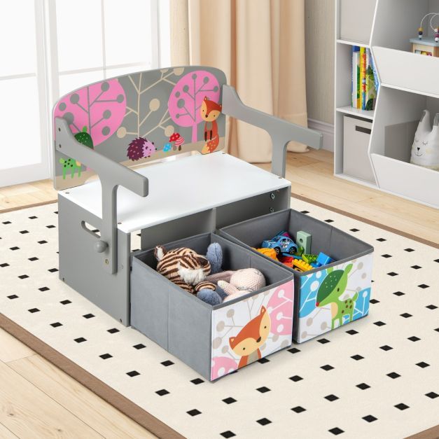 3 in 1 Kinder Tisch &amp; Stuhl-Set mit 2 Abnehmbaren Stoffkörben zum Malen &amp; Spielen &amp; Lernen Grau