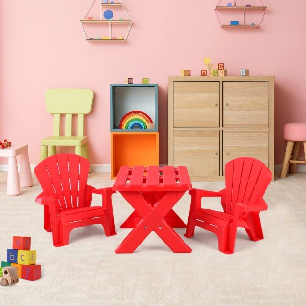 3 TLG. Kindersitzgruppe aus Kunststoff Kindertisch mit 2 Adirondack-Stühlen rot