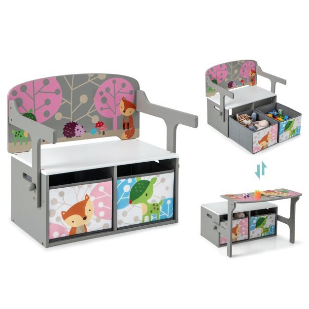 3 in 1 Kinder Tisch &amp; Stuhl-Set mit 2 Abnehmbaren Stoffkörben zum Malen &amp; Spielen &amp; Lernen Grau