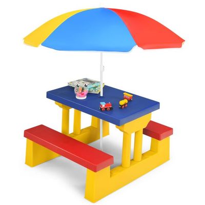 Kinder Sitzgruppe Kindertisch Picknickbank mit Sonnenschirm bunt