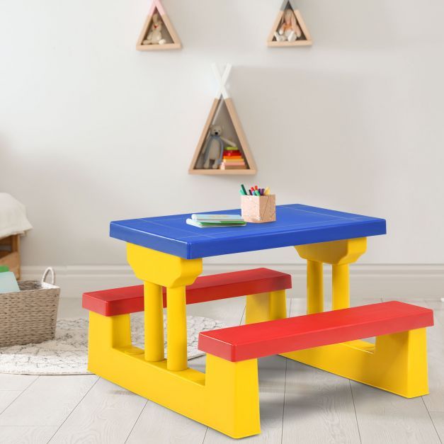 Kinder Sitzgruppe Kindertisch Picknickbank mit Sonnenschirm bunt