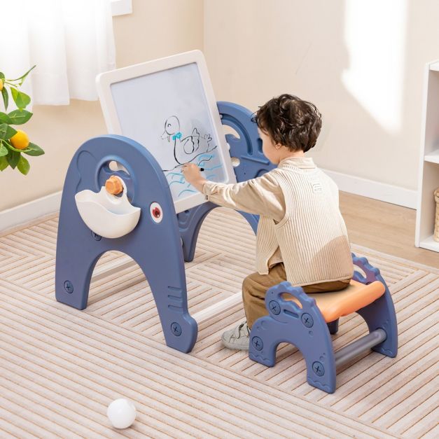 6 in 1 Kindertisch mit Stuhl &amp; Doppelseitiger Abnehmbarer Tischplatte &amp; 66 Bausteine Spieltisch + Staffelei