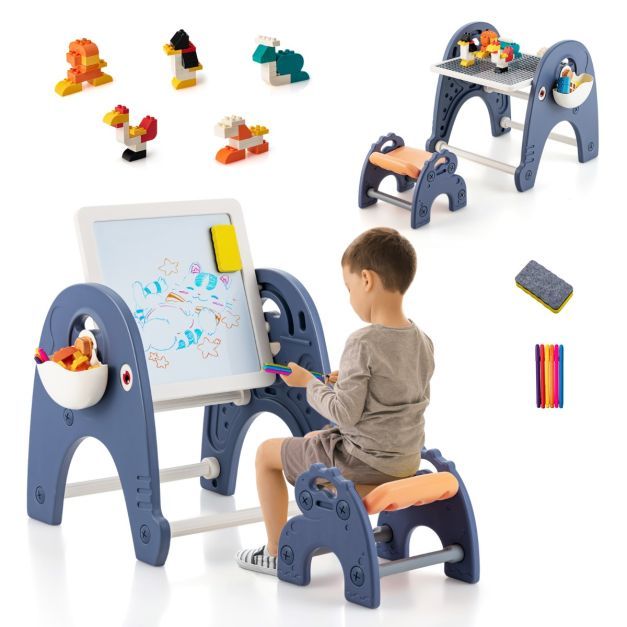 6 in 1 Kindertisch mit Stuhl &amp; Doppelseitiger Abnehmbarer Tischplatte &amp; 66 Bausteine Spieltisch + Staffelei