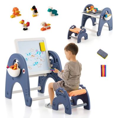 6 in 1 Kindertisch mit Stuhl &amp; Doppelseitiger Abnehmbarer Tischplatte &amp; 66 Bausteine Spieltisch + Staffelei