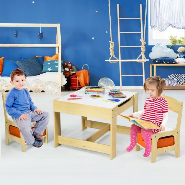 3 TLG. Kindersitzgruppe Kindertisch mit 2 Stühlen aus Holz 3 in 1 Maltisch