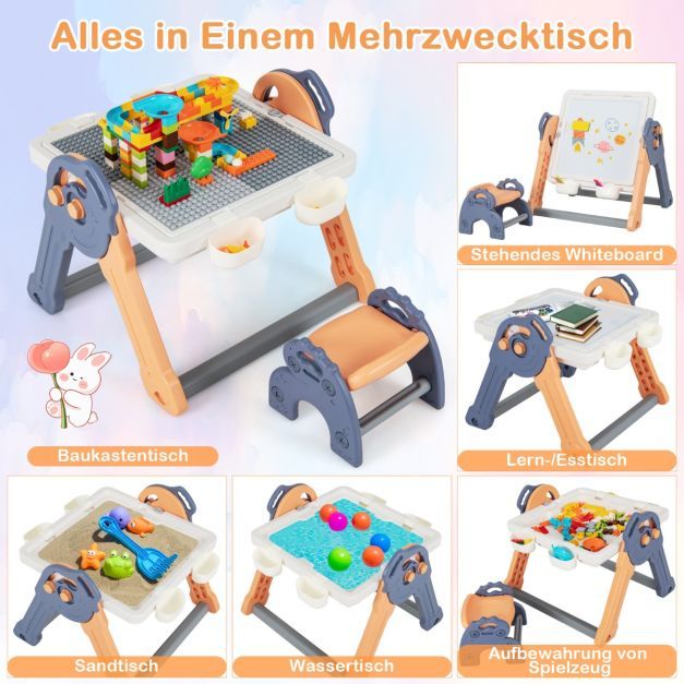 6 in 1 Klappbarer Kindertisch mit Stuhl &amp; Staffelei Spieltisch mit Doppelseitiger &amp; Abnehmbarer Tischplatte