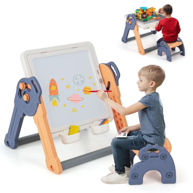 6 in 1 Klappbarer Kindertisch mit Stuhl &amp; Staffelei Spieltisch mit Doppelseitiger &amp; Abnehmbarer Tischplatte