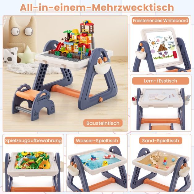 6 in 1 Klappbarer Zeichentisch mit Stuhl &amp; Staffelei Multifunktionaler Spieltisch mit 160 Bausteinen