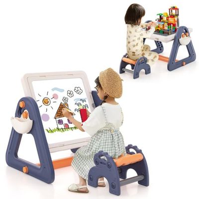 6 in 1 Klappbarer Zeichentisch mit Stuhl &amp; Staffelei Multifunktionaler Spieltisch mit 160 Bausteinen