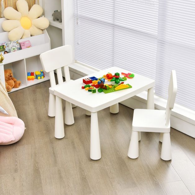 3 TLG. Kindersitzgruppe Kindertisch mit 2 Stühlen Kindermöbel aus Kunststoff Weiss