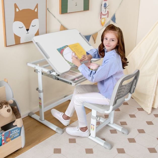 Höhenverstellbarer Kinderschreibtisch / Zeichentisch Set mit Neigbarer Tischplatte &amp; Schublade mit Stuhl Grau