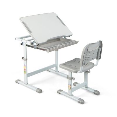Höhenverstellbarer Kinderschreibtisch / Zeichentisch Set mit Neigbarer Tischplatte &amp; Schublade mit Stuhl Grau