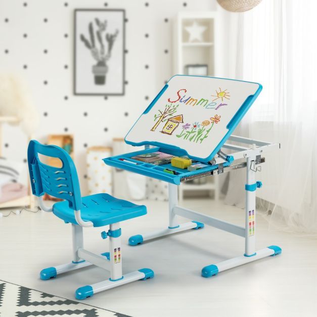 Höhenverstellbarer Kinderschreibtisch Set mit Schublade Blau