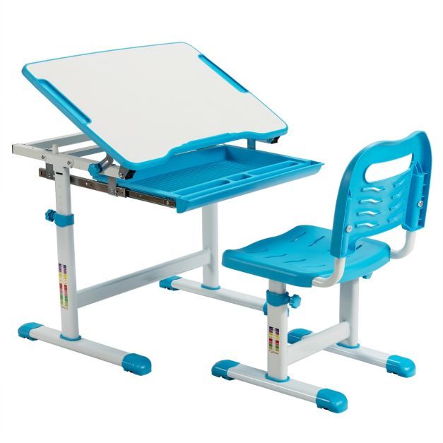 Höhenverstellbarer Kinderschreibtisch Set mit Schublade Blau