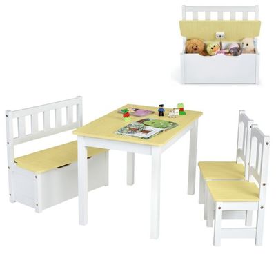 4-teiliges Tisch-Bank-Stuhl-Set für Kinder 2 in 1 Set aus Holz Natur + Weiss