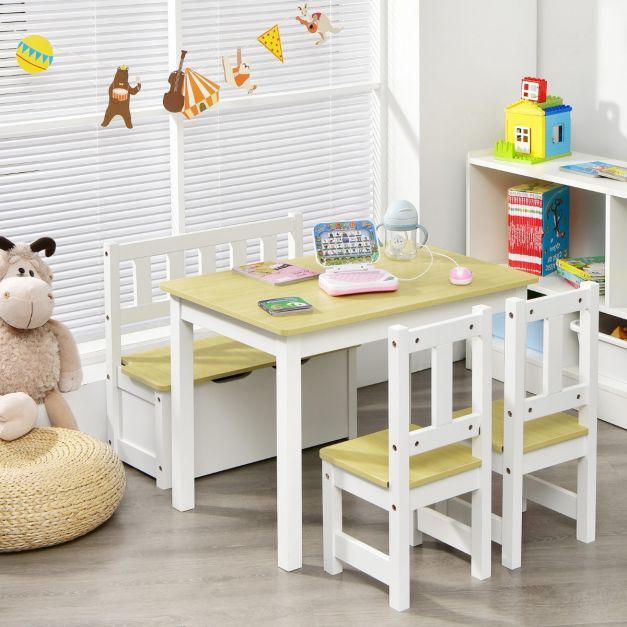 4-teiliges Tisch-Bank-Stuhl-Set für Kinder 2 in 1 Set aus Holz Natur + Weiss